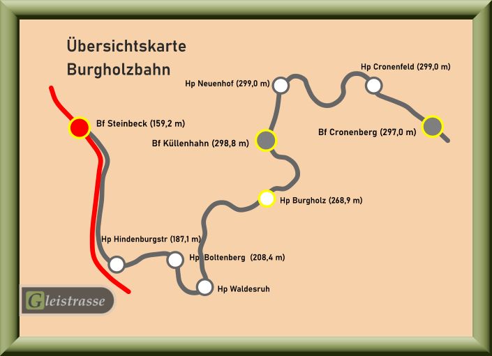 Hp Burgholz (268,9 m) Hp Neuenhof (299,0 m) Bf Küllenhahn (298,8 m) Hp Waldesruh Hp  Boltenberg  (208,4 m)  Hp Hindenburgstr (187,1 m) Hp Cronenfeld (299,0 m) Bf Cronenberg (297,0 m) Bf Steinbeck (159,2 m) Übersichtskarte Burgholzbahn